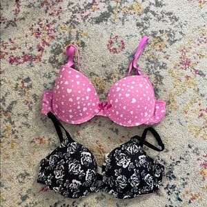 Pink Heart and Black Floral Women's Bra Set 34A